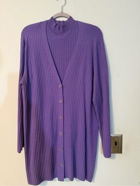 Talbots Purple Ribbed Sweater Set Cardigan & Mock Neck Top Size XL